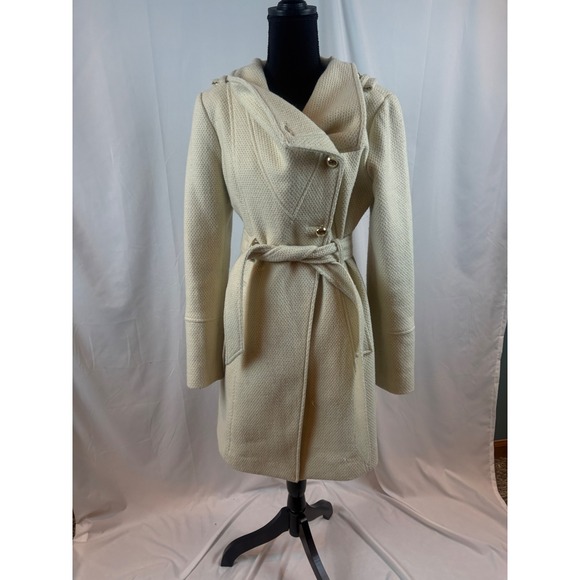 Chic Cream Textured Double Breasted Belted Trench Coat Women's Large - Picture 8 of 14